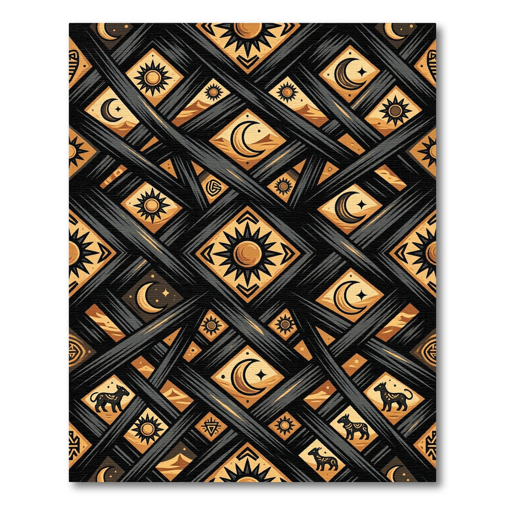 Celestial Gold Sun and Moon Grid Rug