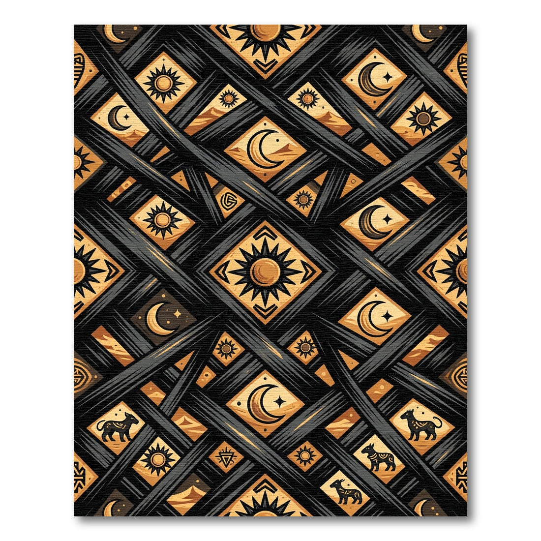 Celestial Gold Sun and Moon Grid Rug