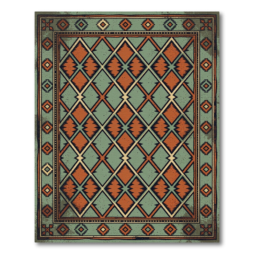 Vintage Teal and Rust Diamond Rug