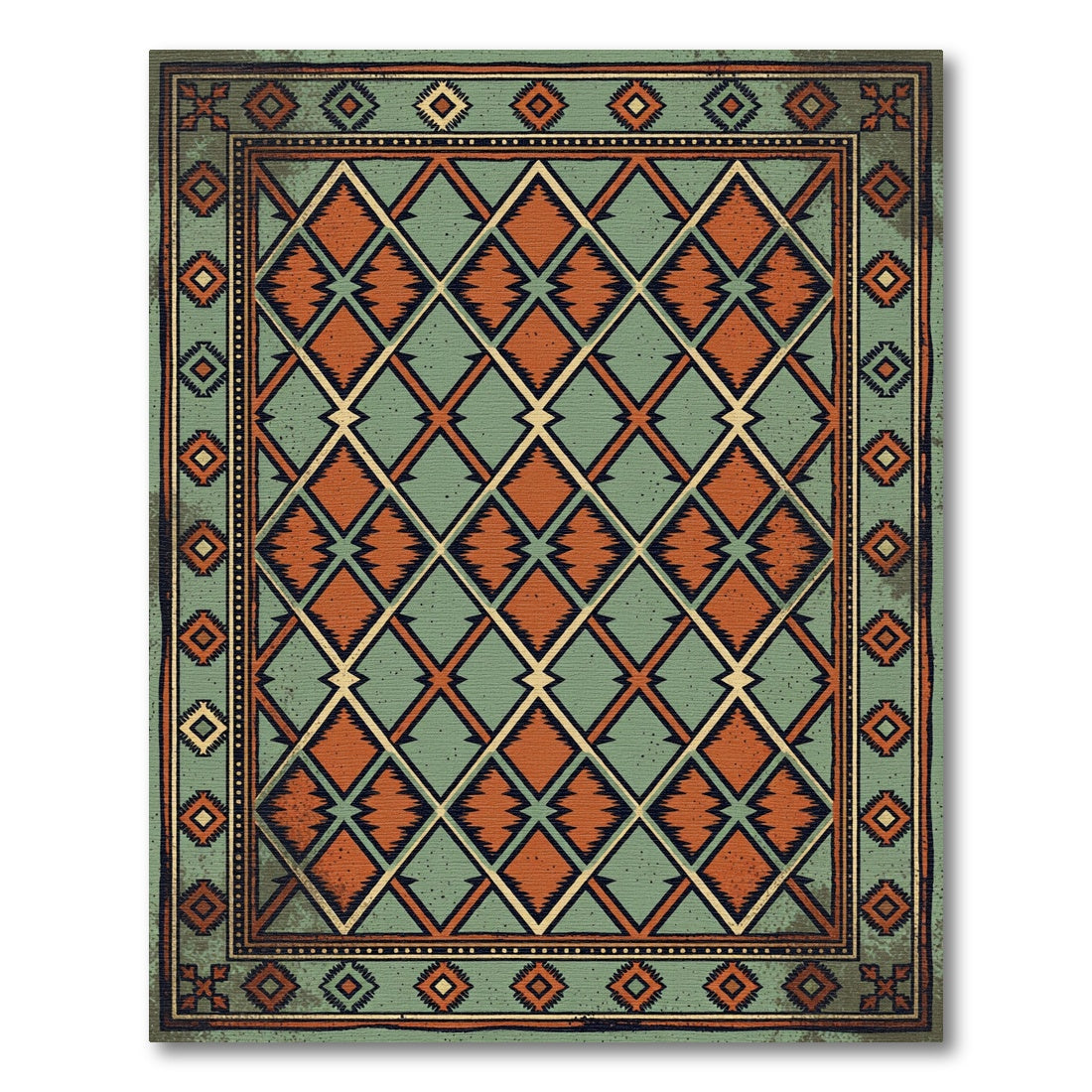 Vintage Teal and Rust Diamond Rug
