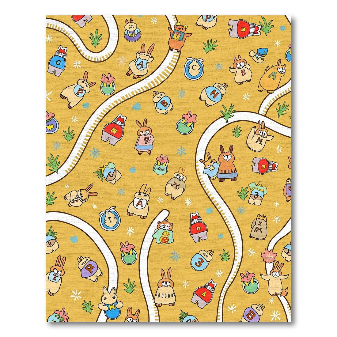 Cute Bunny Alphabet Roadway Yellow Rug