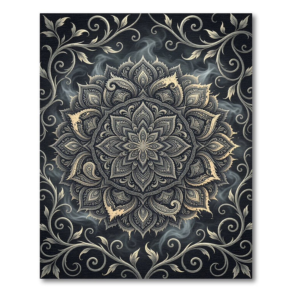 Ethereal Charcoal Gold Floral Medallion Rug