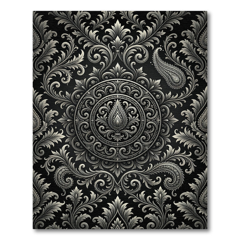 Ornate Black White Paisley Medallion Rug