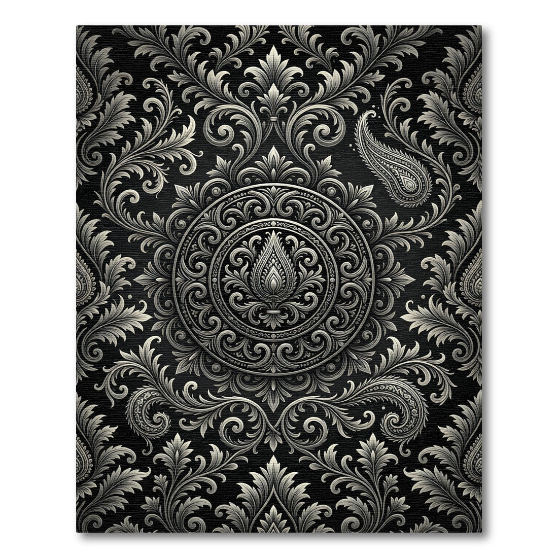 Ornate Black White Paisley Medallion Rug