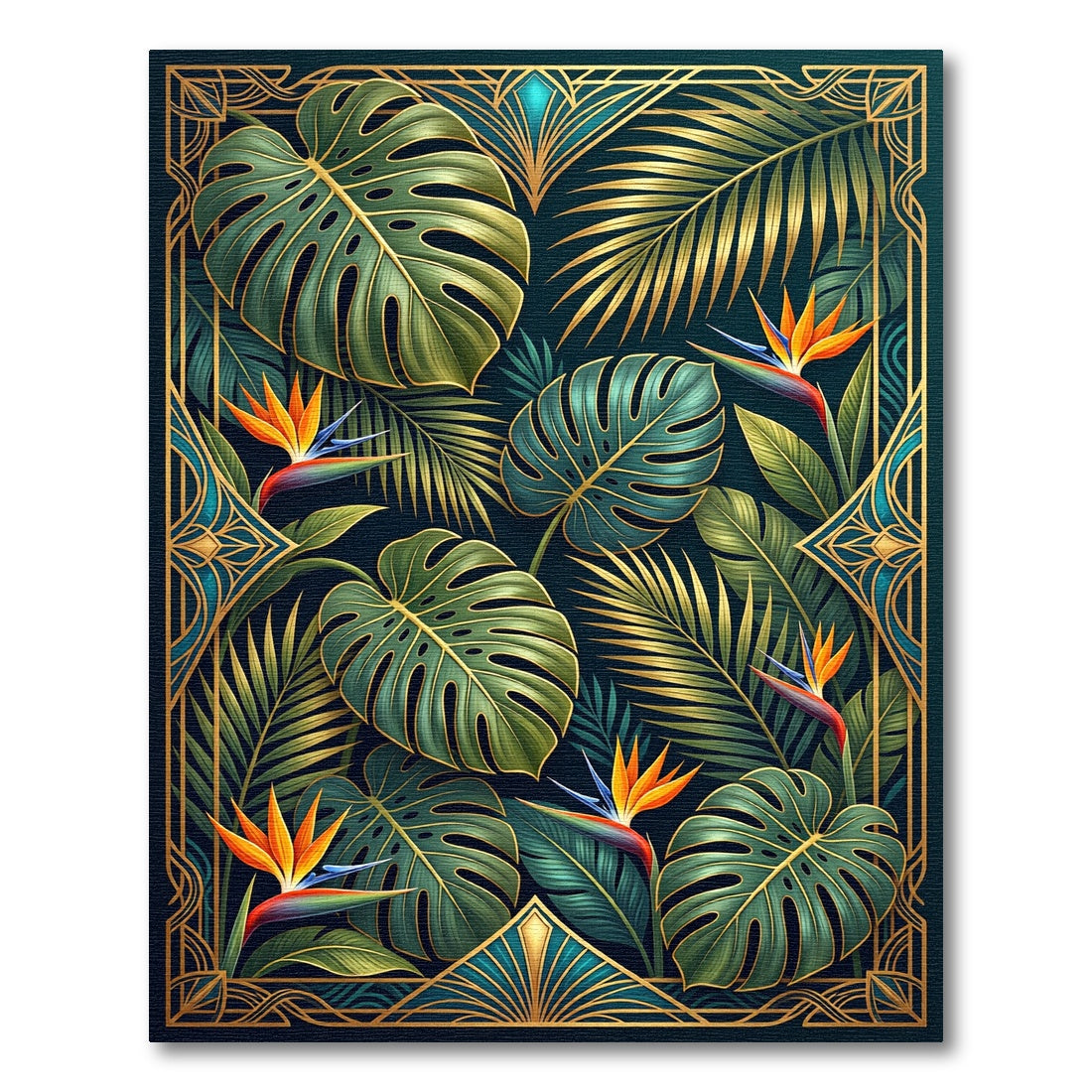 Lush Gold Tropical Monstera Bird-of-Paradise Rug