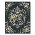 Elegant Charcoal Floral Crest Botanical Rug