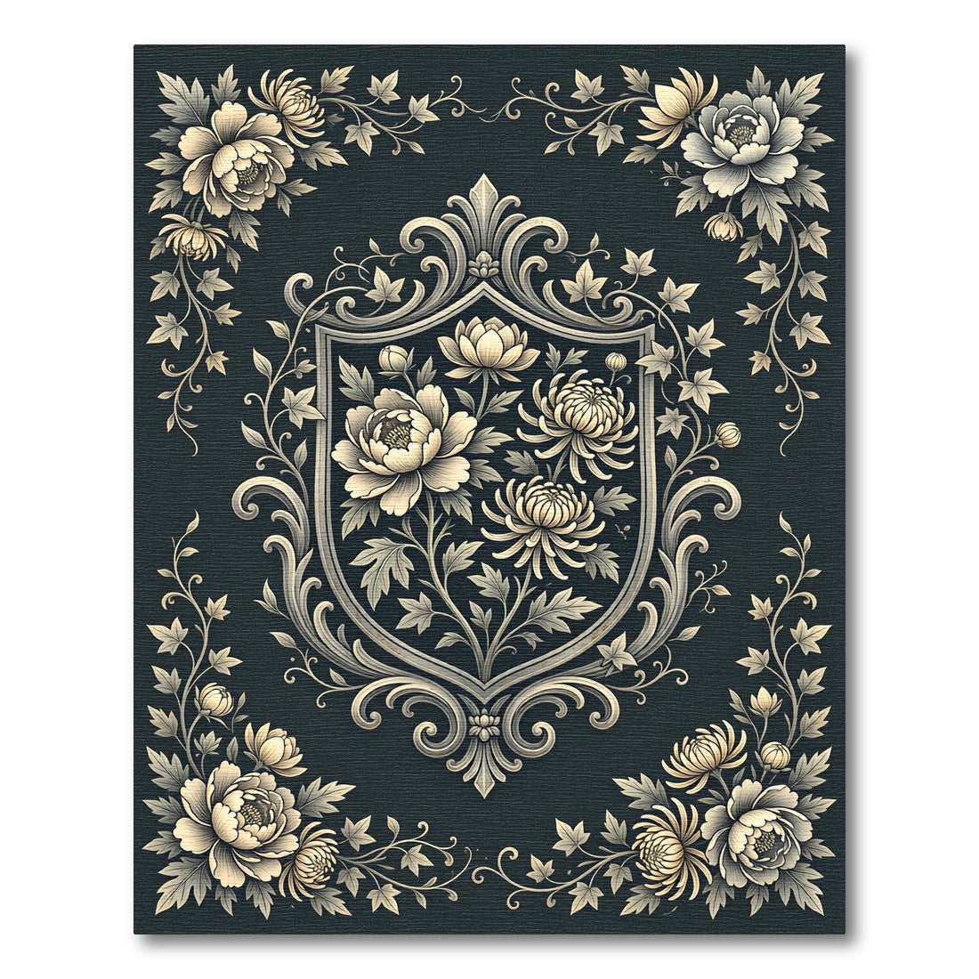 Elegant Charcoal Floral Crest Botanical Rug