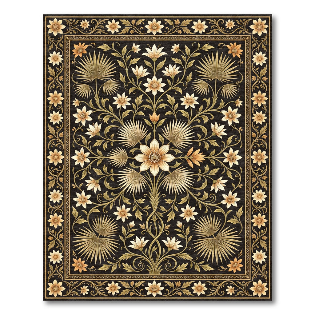Black Golden Floral Palm Leaf Rug