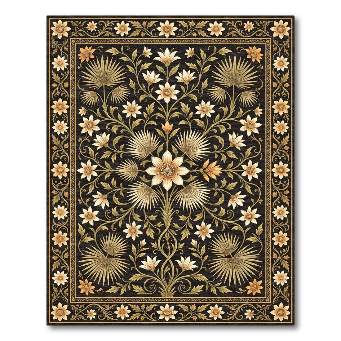 Black Golden Floral Palm Leaf Rug