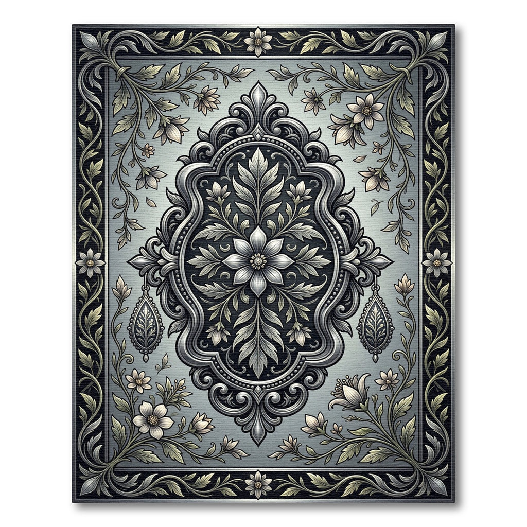 Silver Floral Damask and Swirl Medallion Rug
