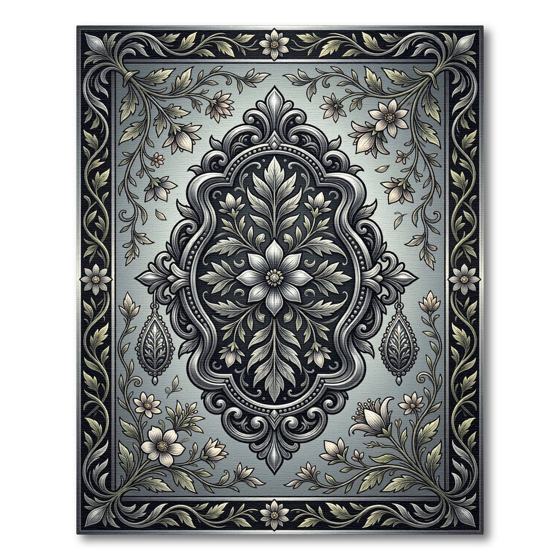 Silver Floral Damask and Swirl Medallion Rug