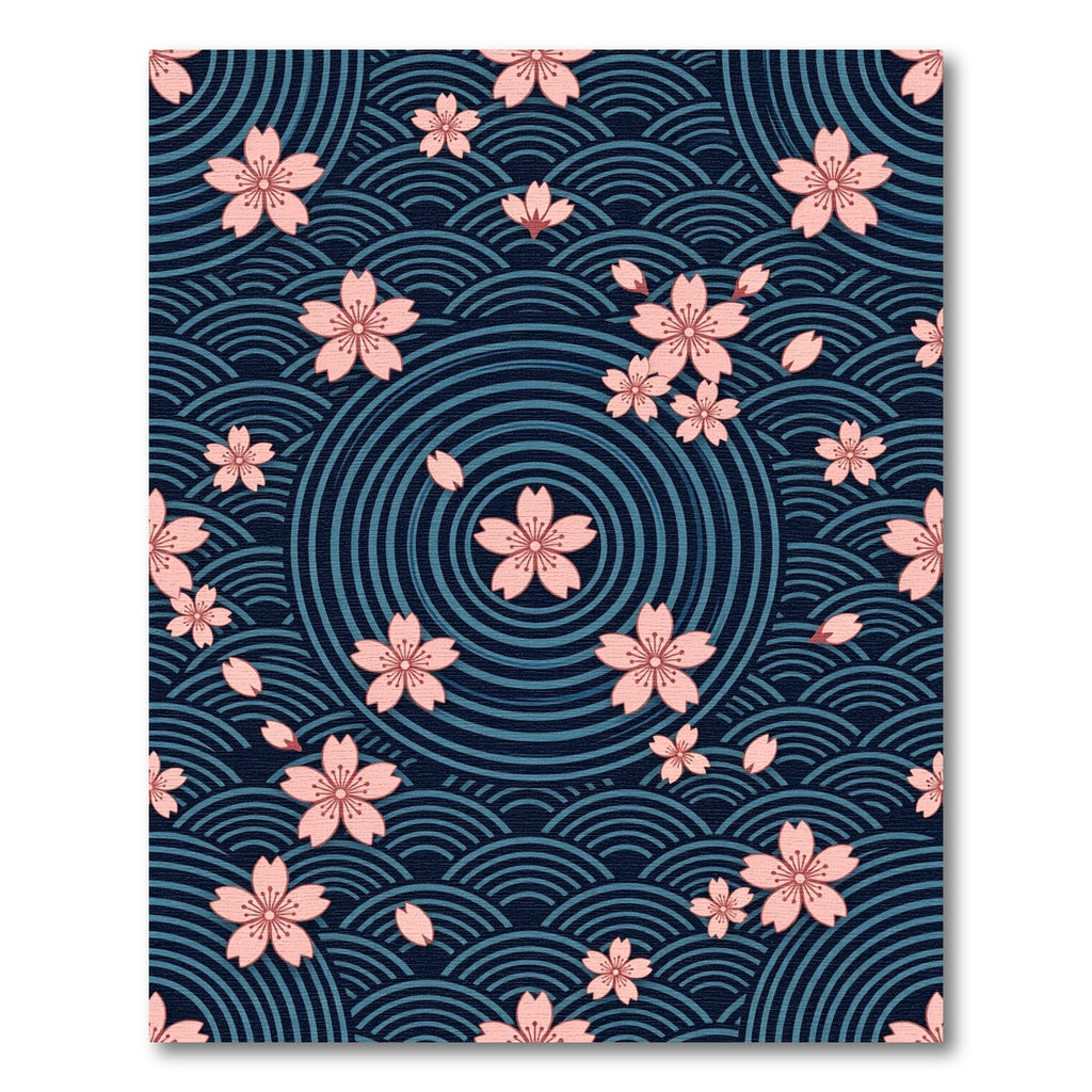 Sakura Cherry Blossom Japanese Wave Navy Rug