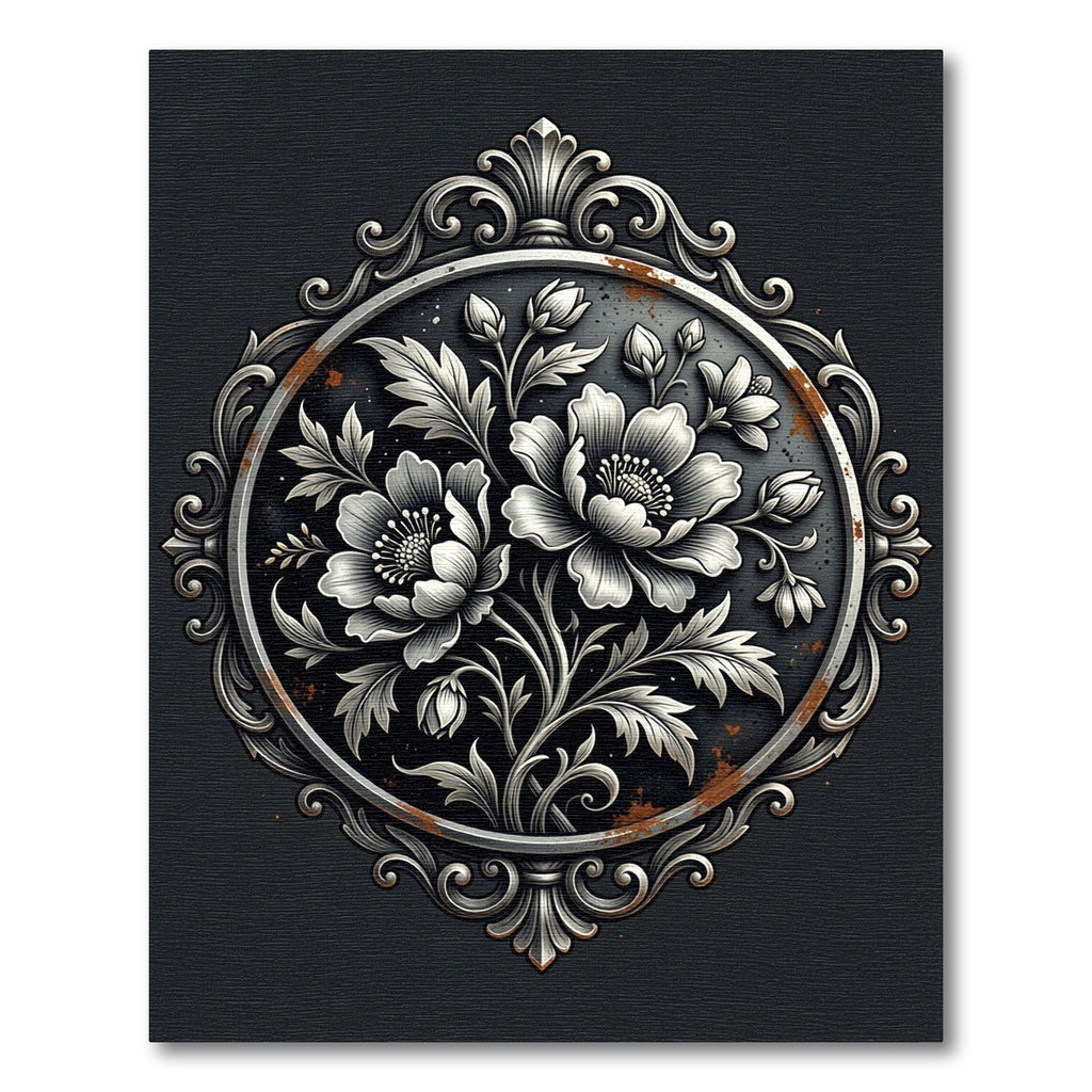 Metallic Silver Floral Embellished Round Medallion Rug