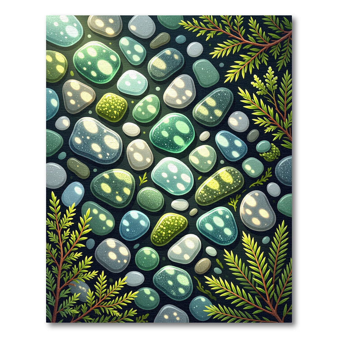 Luminous Bioluminescent Pebble and Fern Foliage Rug