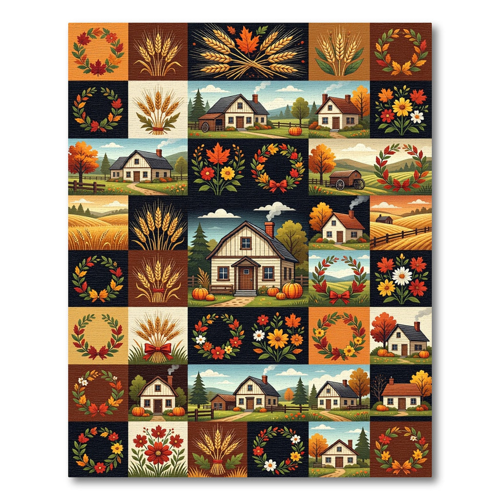 Rustic Autumn Farmhouse Wheat Floral Patchwork Rug