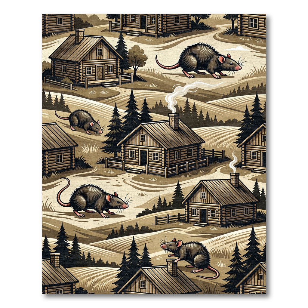 Rustic Forest Cabin and Rat Illustration Rug