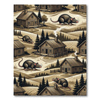 Rustic Forest Cabin and Rat Illustration Rug