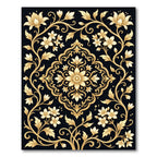 Golden Floral Scrollwork Black Rug