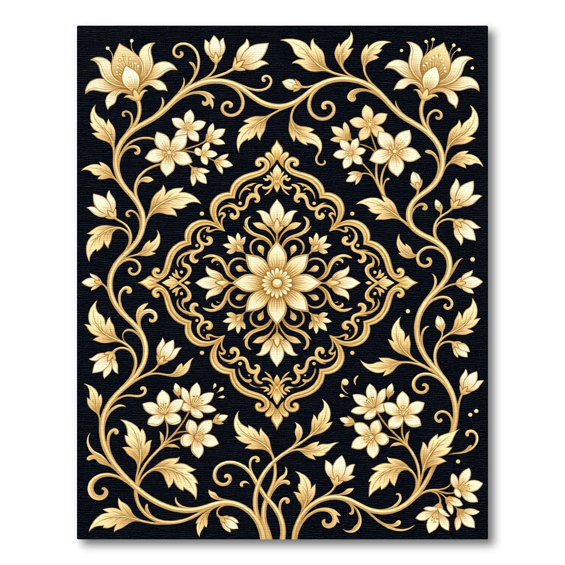 Golden Floral Scrollwork Black Rug