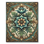 Elegant Teal Gold Botanical Medallion Rug