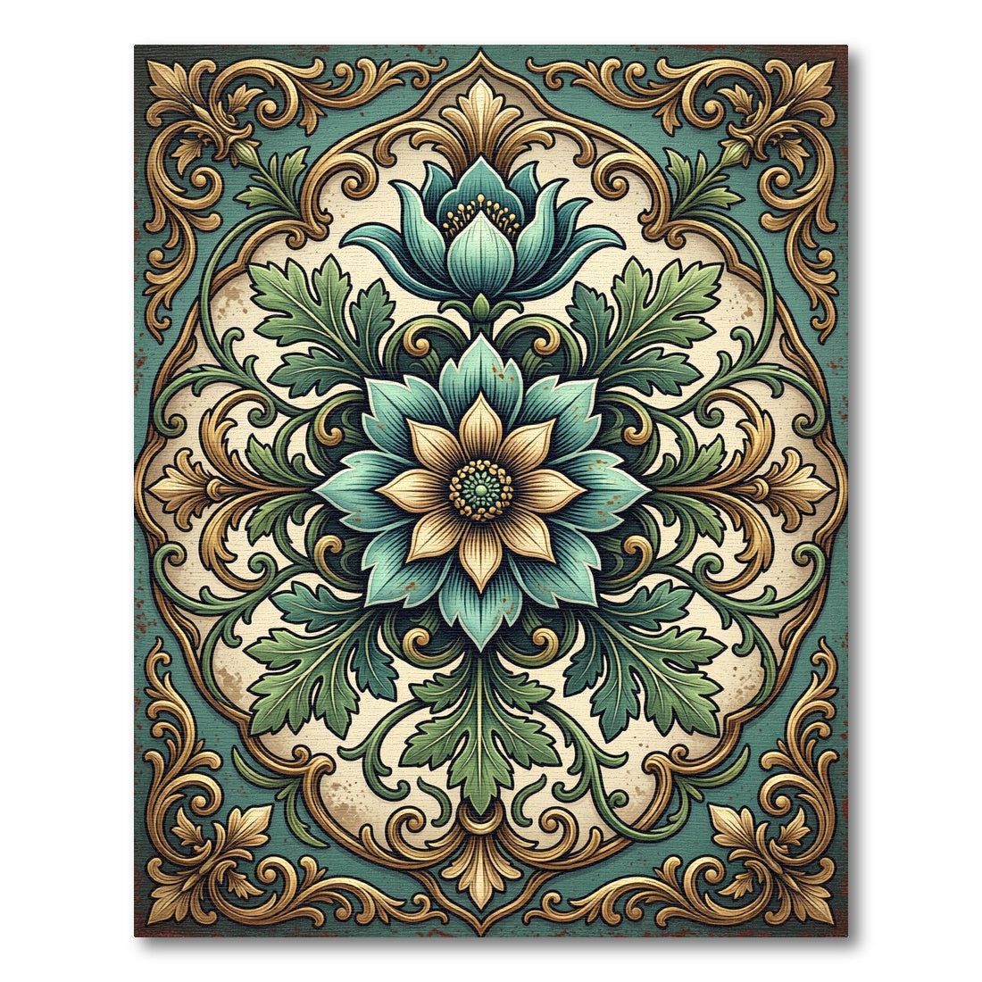 Elegant Teal Gold Botanical Medallion Rug