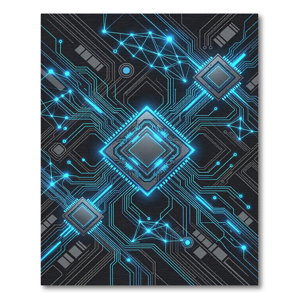 Neon Cybernetic Circuitry Electric Blue Grid Rug