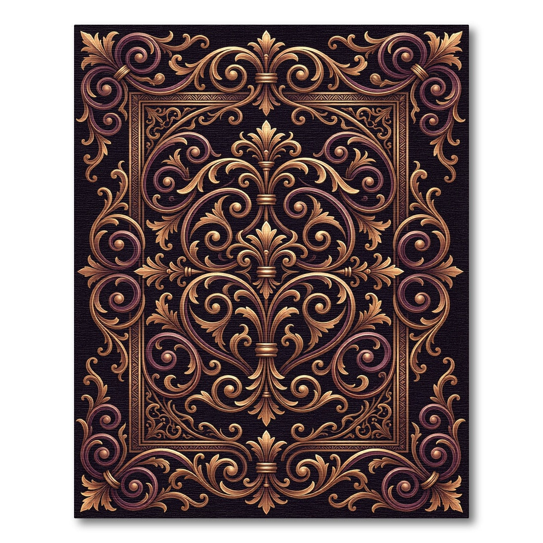 Ornate Golden Baroque Scroll Crest Rug