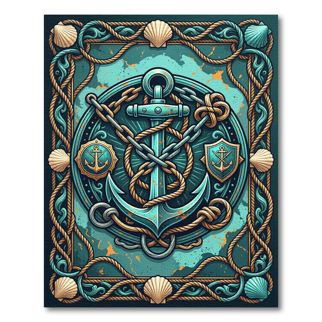 Nautical Teal Anchor Rope Shield Maritime Art Rug