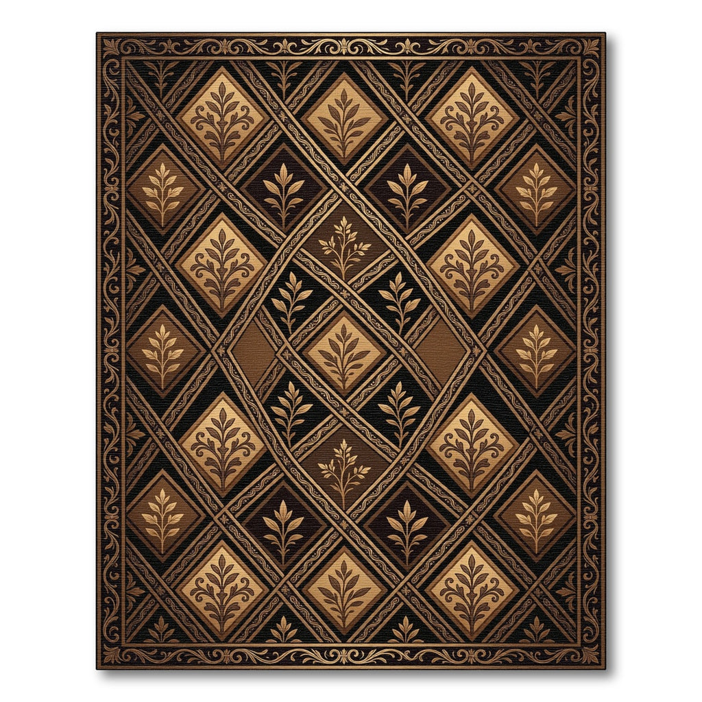 Ornate Vintage Gold Leaf Diamond Rug