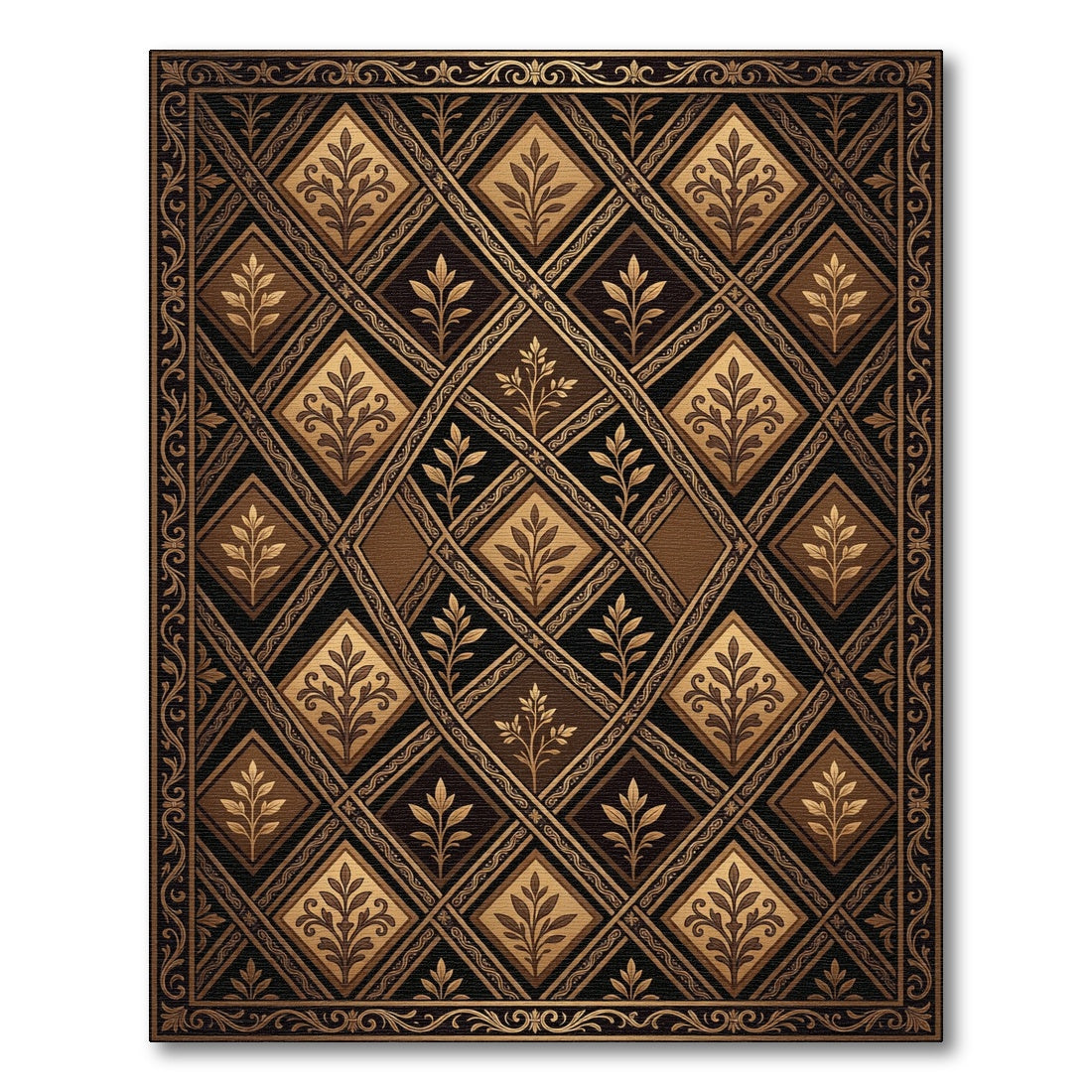Ornate Vintage Gold Leaf Diamond Rug