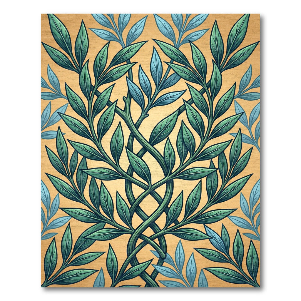 Intertwined Botanical Leaves in Golden Teal Rug