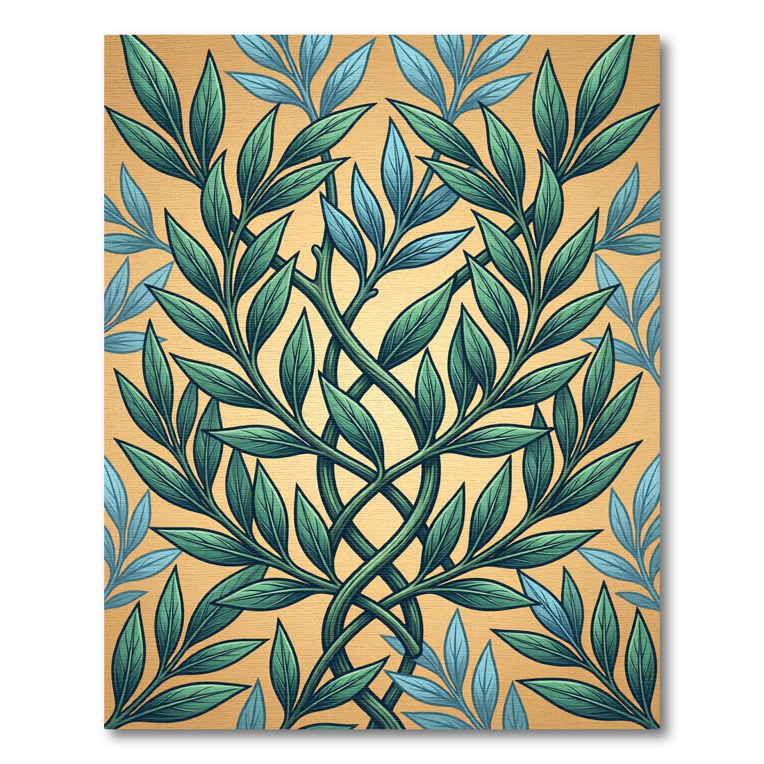 Intertwined Botanical Leaves in Golden Teal Rug
