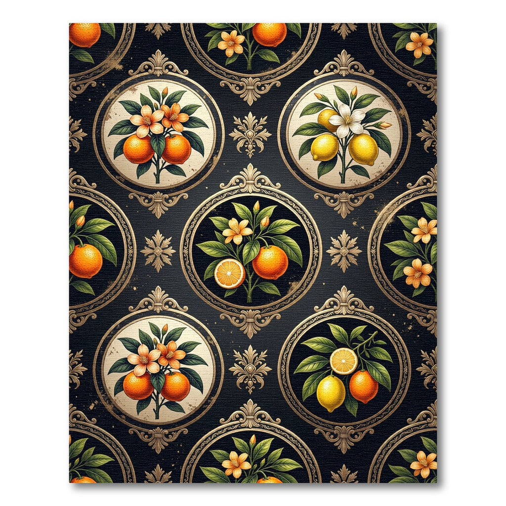 Framed Citrus Medallion Dark Floral Rug
