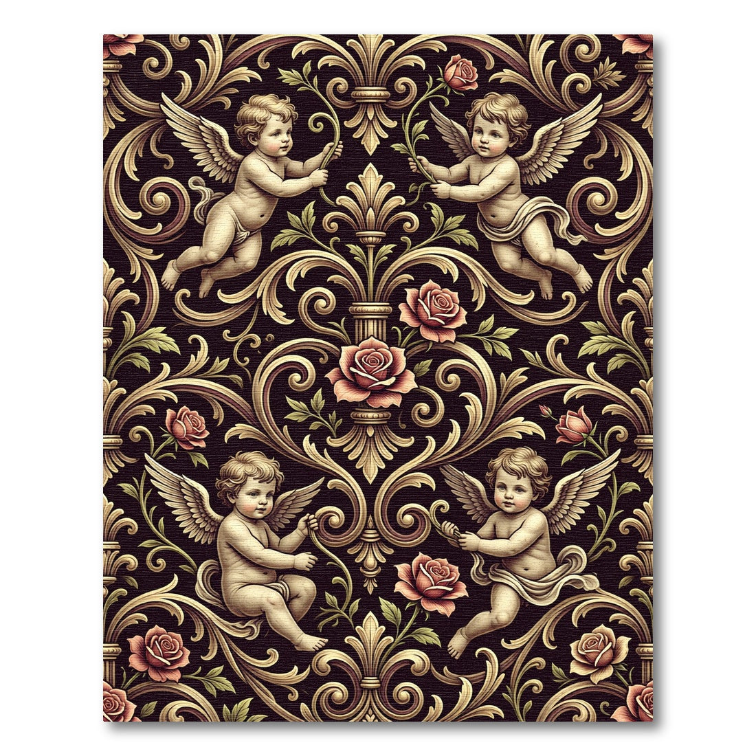 Ornate Cherub Rose Scrollwork Rug