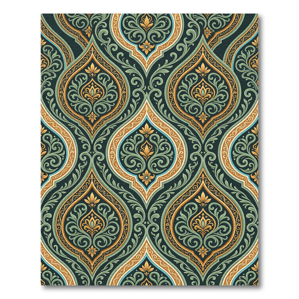 Elegant Teal and Golden Damask Medallion Rug