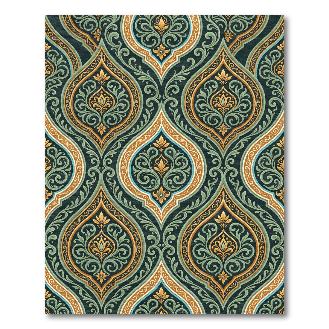 Elegant Teal and Golden Damask Medallion Rug