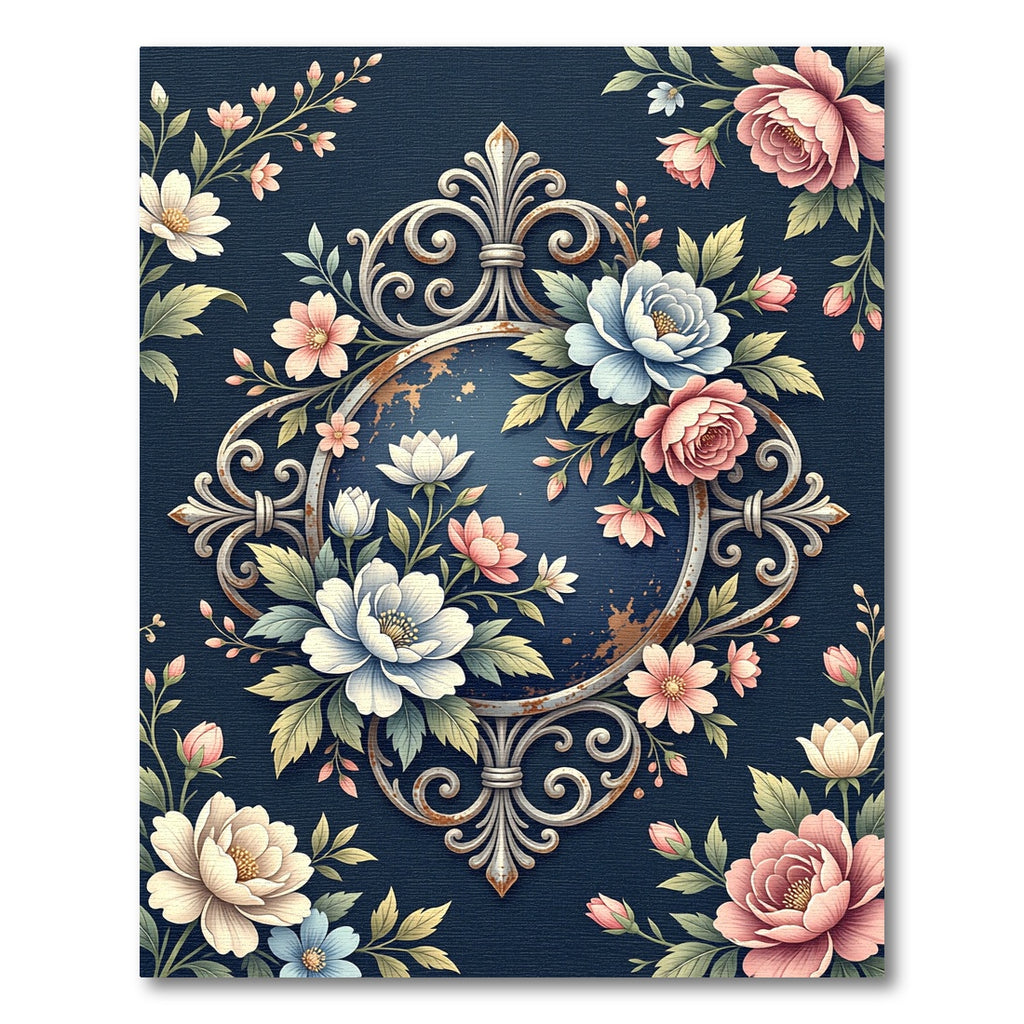 Elegant Navy Floral Filigree Frame Rug