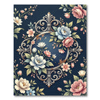 Elegant Navy Floral Filigree Frame Rug