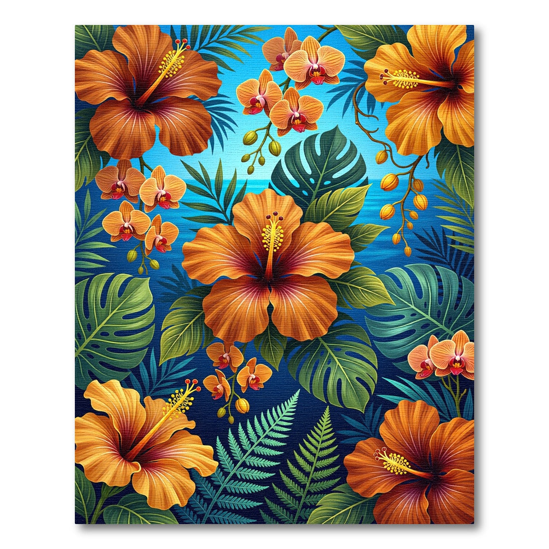 Tropical Orange Hibiscus and Orchid Bloom Rug