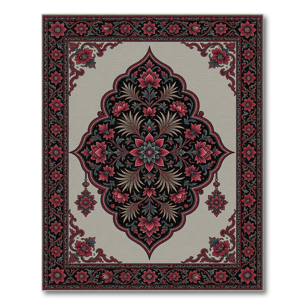 Crimson Floral Medallion on Charcoal Grey Rug