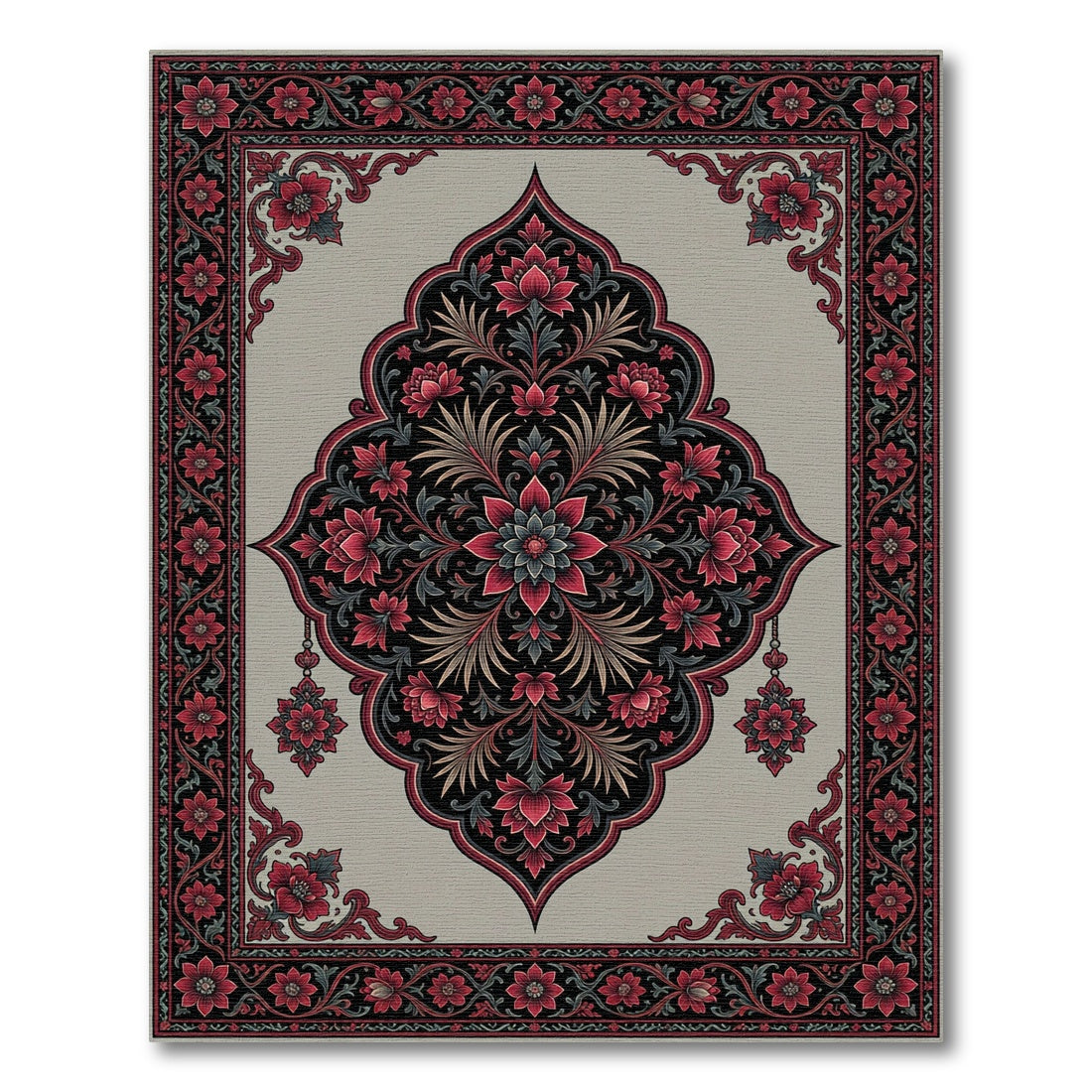 Crimson Floral Medallion on Charcoal Grey Rug
