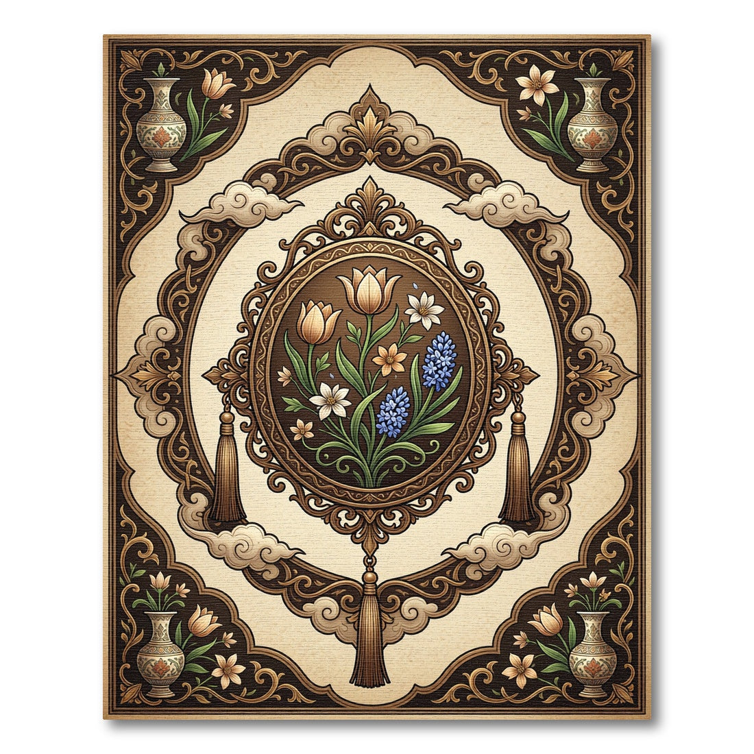 Ornate Earthy Floral Oval Medallion Rug