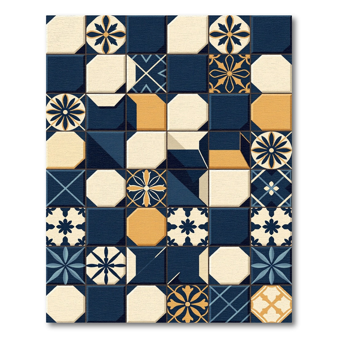 Navy Blue and Gold Geometric Tile Rug