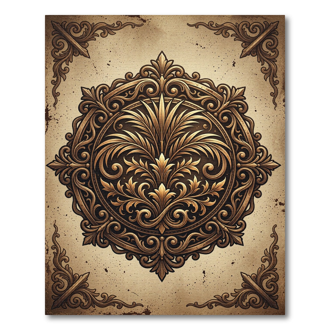 Ornate Vintage Gold Floral Medallion Rug