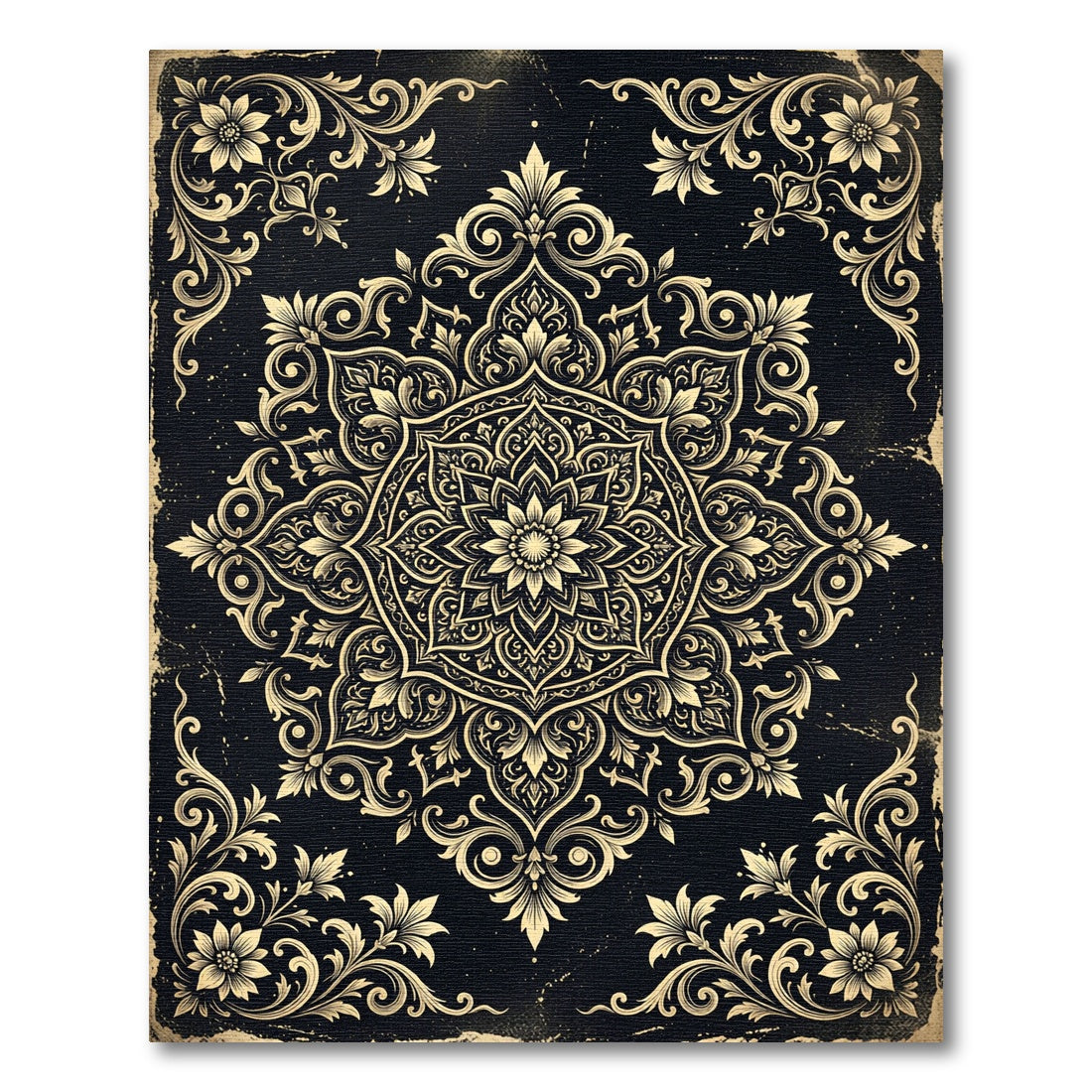 Elegant Gold Floral Medallion Black Rug