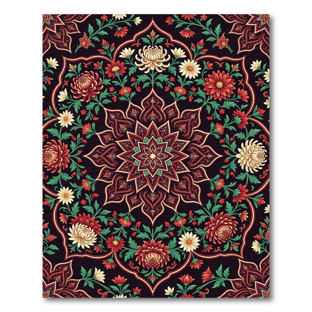 Floral Crimson Black Medallion Tapestry Rug