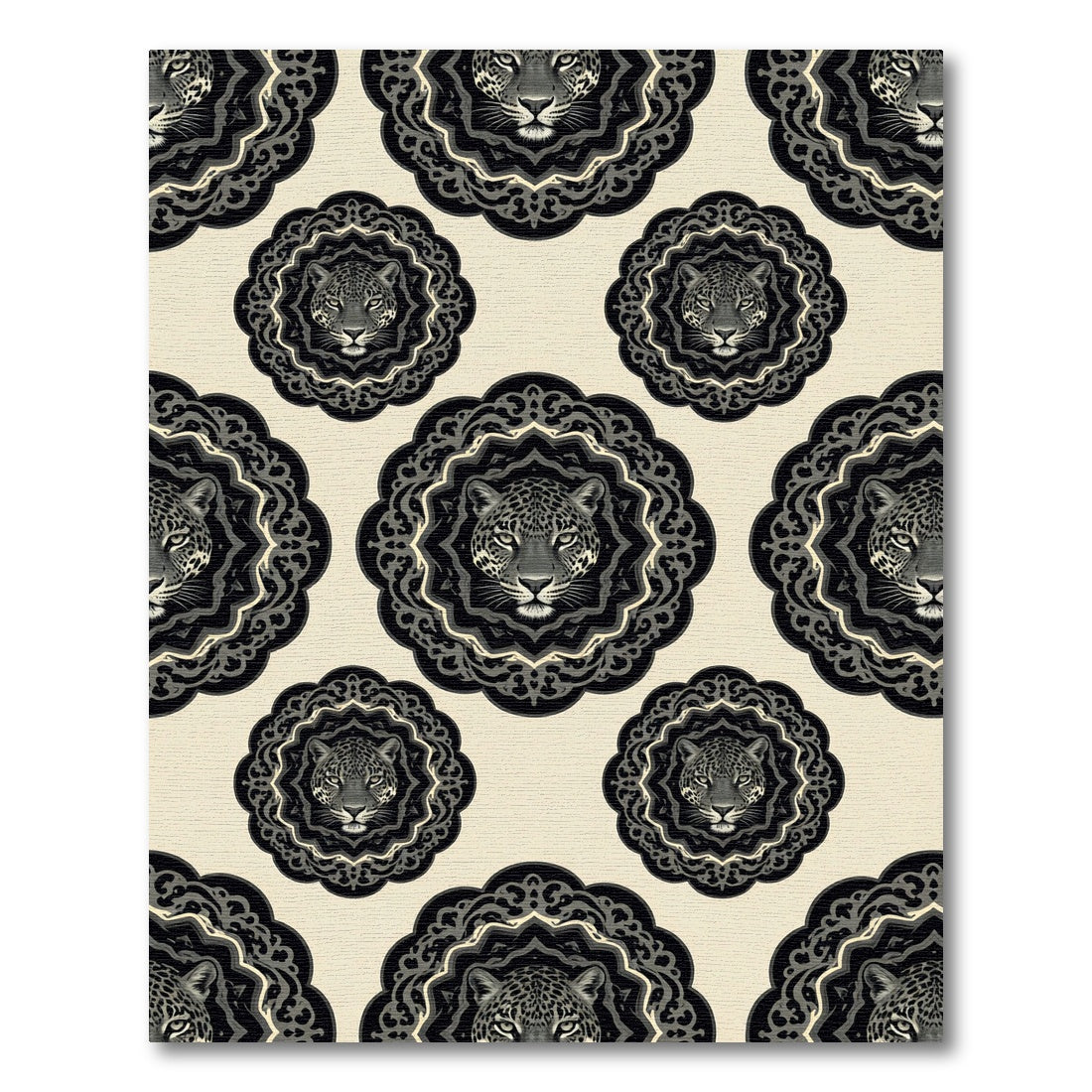 Elegant Black Leopard Medallion Monochromatic Rug