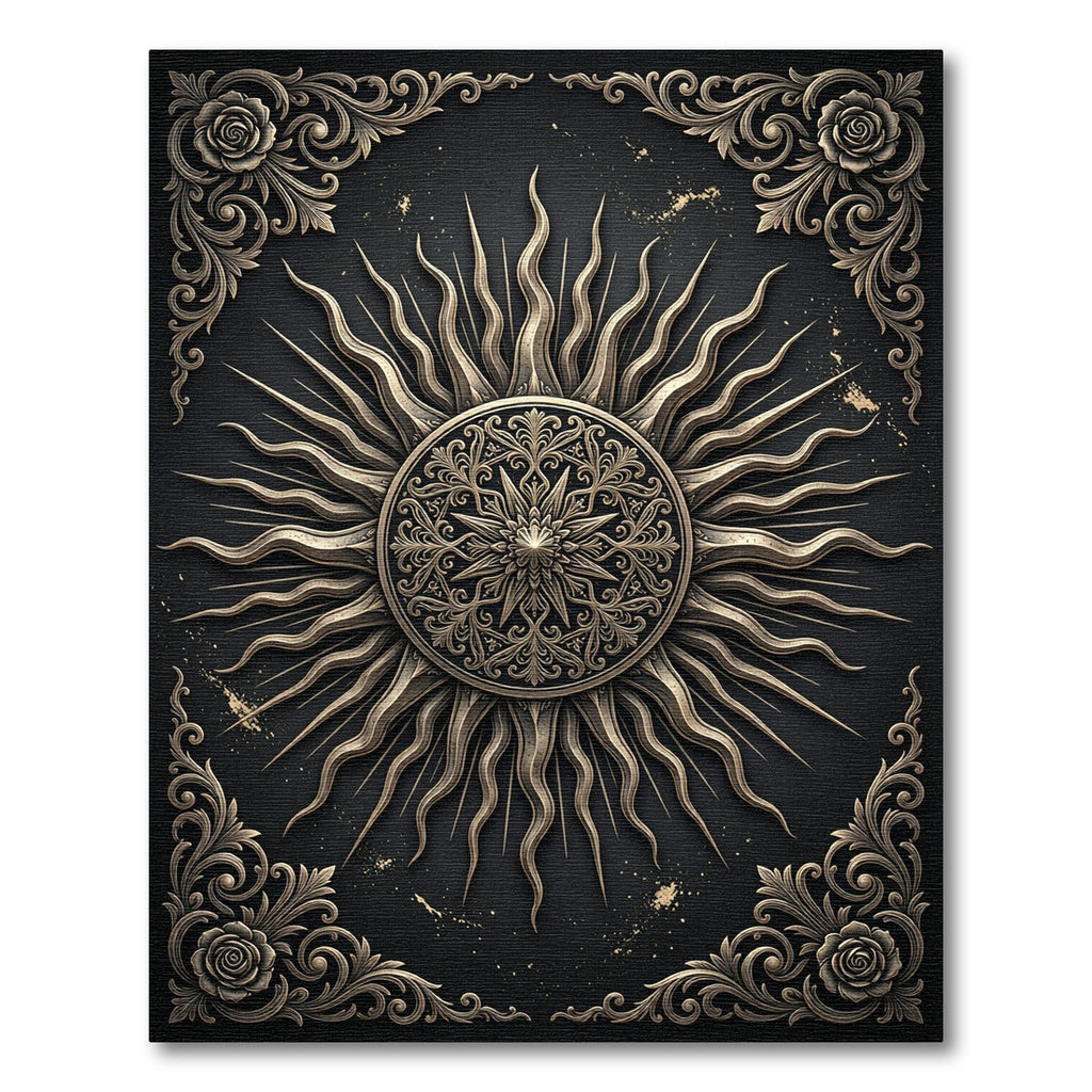 Ornate Golden Solar Medallion Black Rug