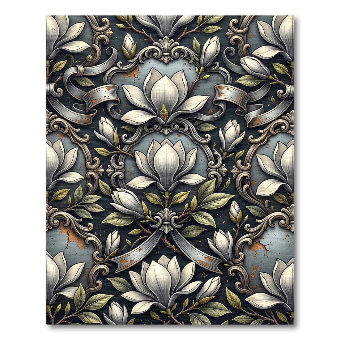 Antique White Magnolia Floral Scroll Rug