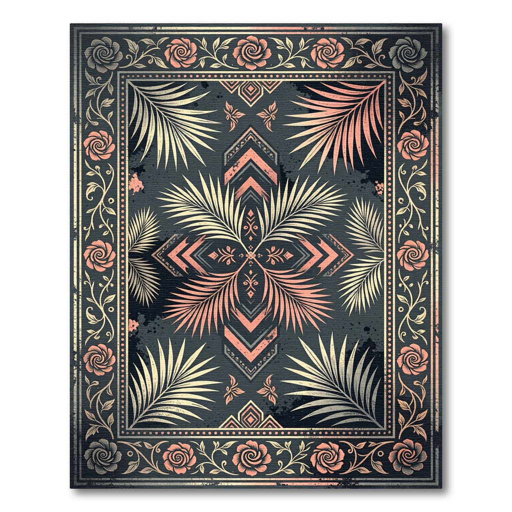 Coral Rose Palm Leaf Damask Square Rug